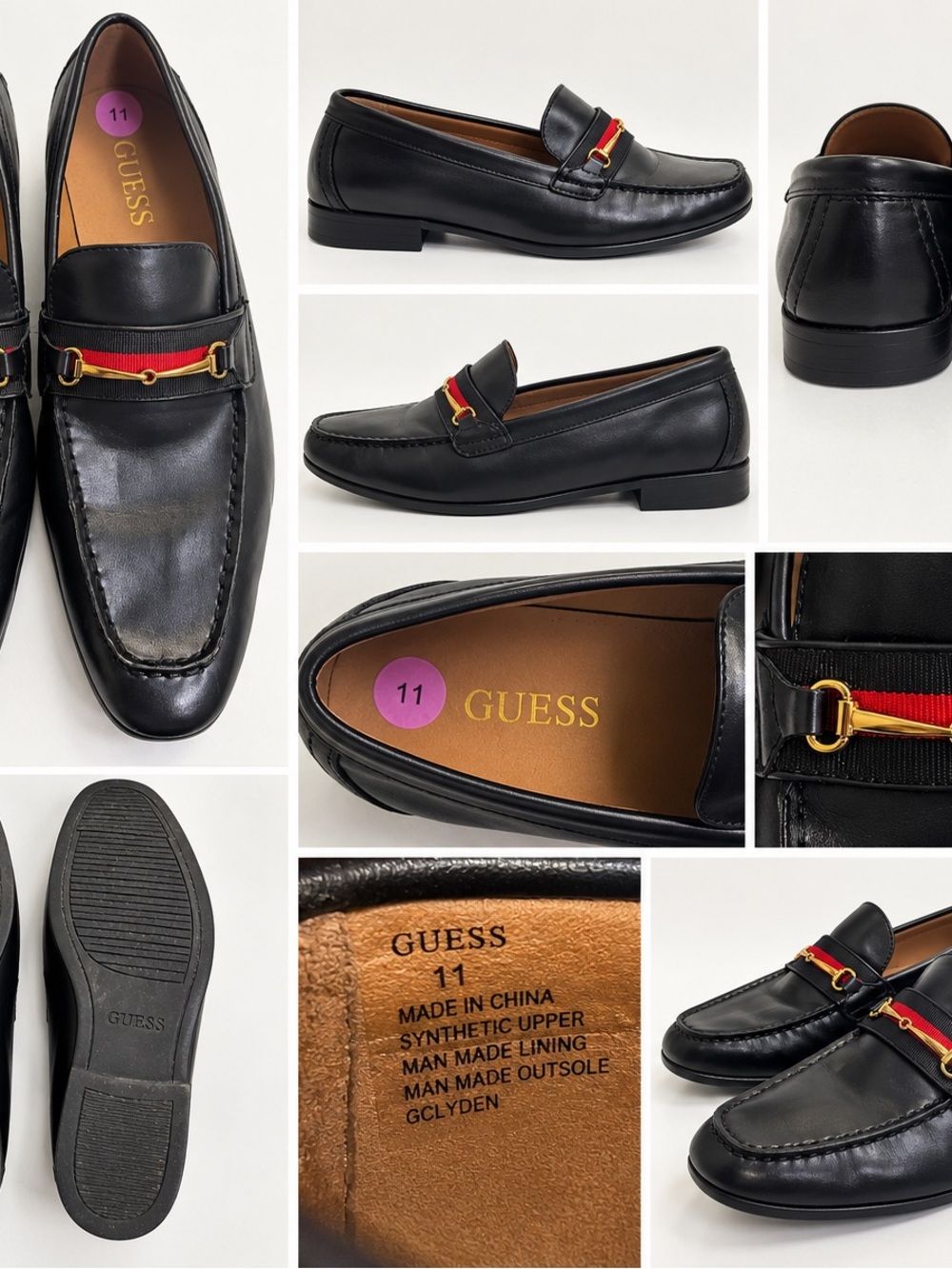 GUESS Black Slip-On Loafers with Red Webbing and Gold Bit Accent